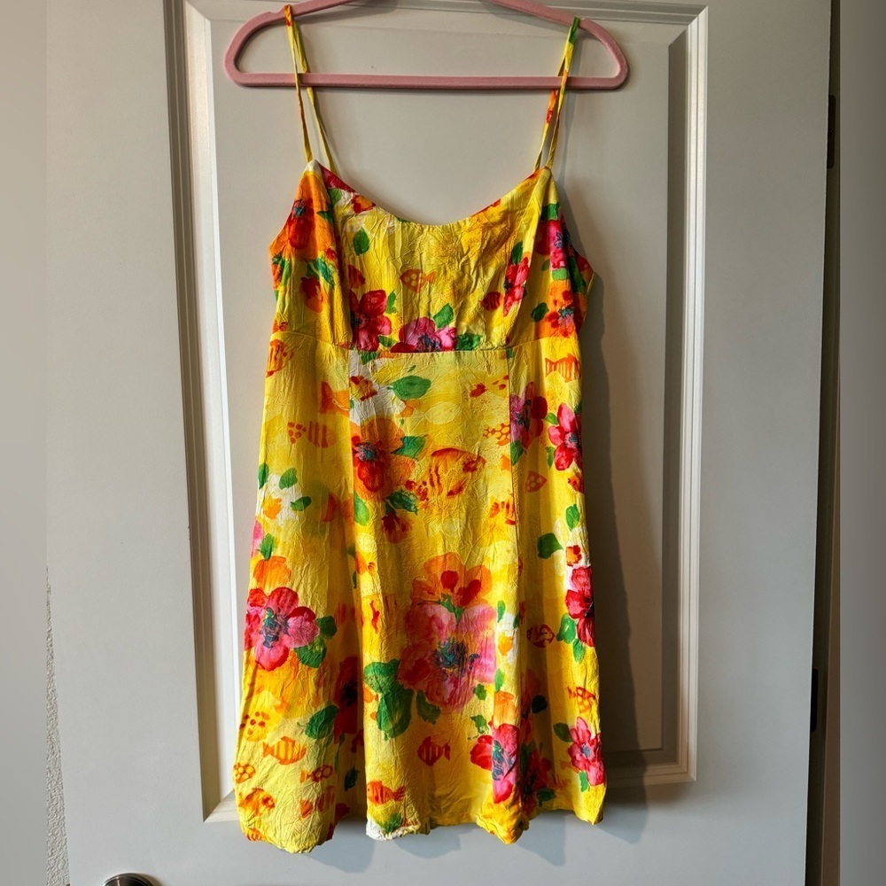 Vintage 90s Jam's World Floral Fish Mini Dress Size Large EUC Yellow
